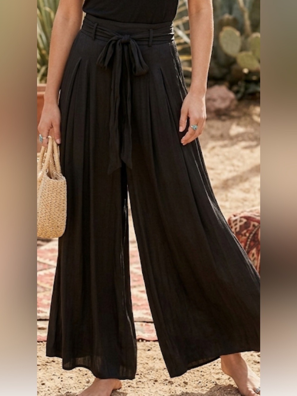 Mango Black Wide-Leg Pants XS Tall Silky Tie Waist Workwear Minimalist Chic